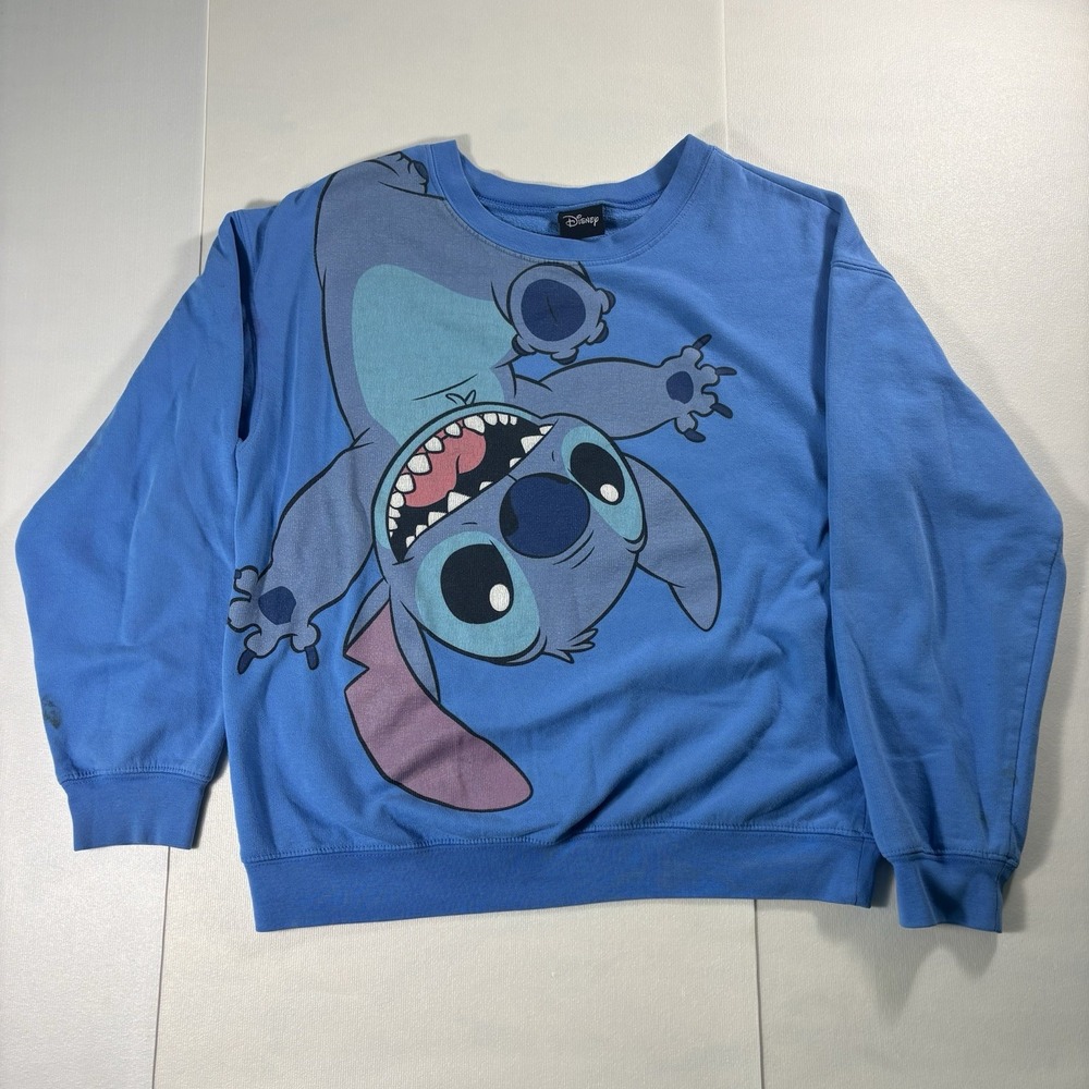 Disney Lilo & Stitch Oversized Graphic Crewneck Sweatshirt Blue Pullover Adult